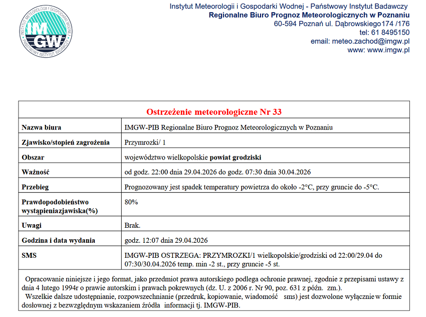 Prognozowany jest spadek temperatury powietrza do około -2&deg;C, przy gruncie do -5&deg;C.
