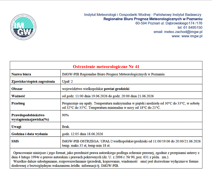 Prognozuje się upały. Temperatura maksymalna w&nbsp;piątek i&nbsp;niedzielę od 30&deg;C do 33&deg;C, w&nbsp;sobotę od 32&deg;C do 35&deg;C. Temperatura minimalna w&nbsp;nocy od 18&deg;C do 21&deg;C