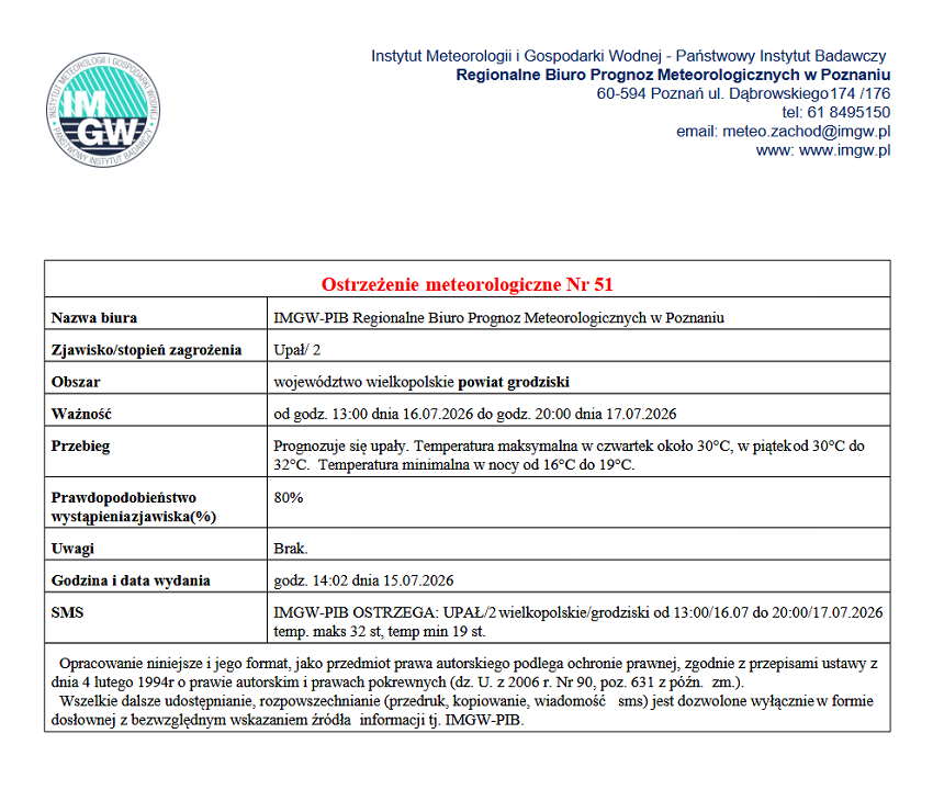 Prognozuje się upały. Temperatura maksymalna w&nbsp;czwartek około 30&deg;C, w&nbsp;piątek od 30&deg;C do 32&deg;C. Temperatura minimalna w&nbsp;nocy od 16&deg;C do 19&deg;C