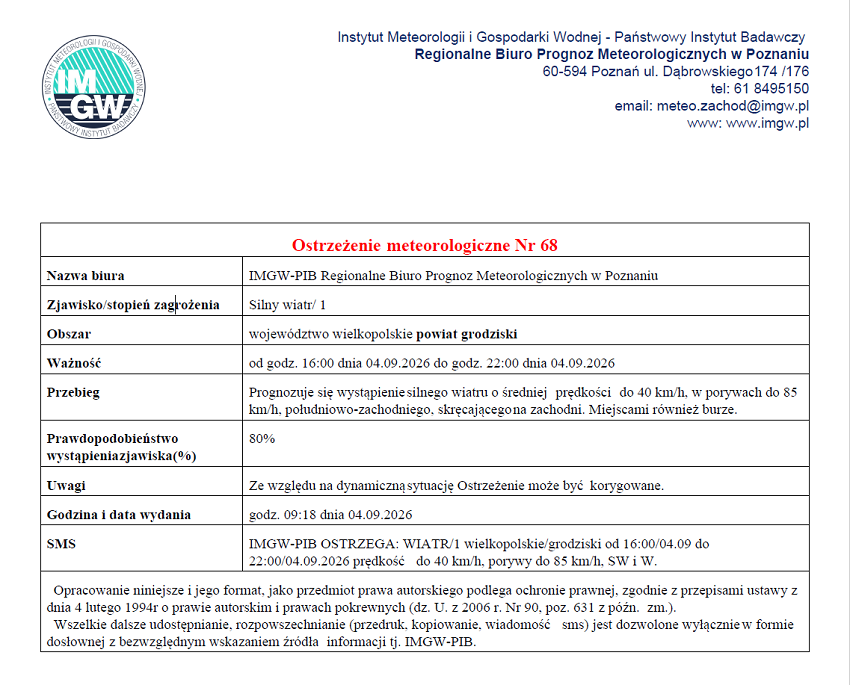 Prognozuje się wystąpienie silnego wiatru o&nbsp;średniej prędkości do 40 km/h, w&nbsp;porywach do 85 km/h, południowo-zachodniego, skręcającego na&nbsp;zachodni. Miejscami r&oacute;wnież burze.