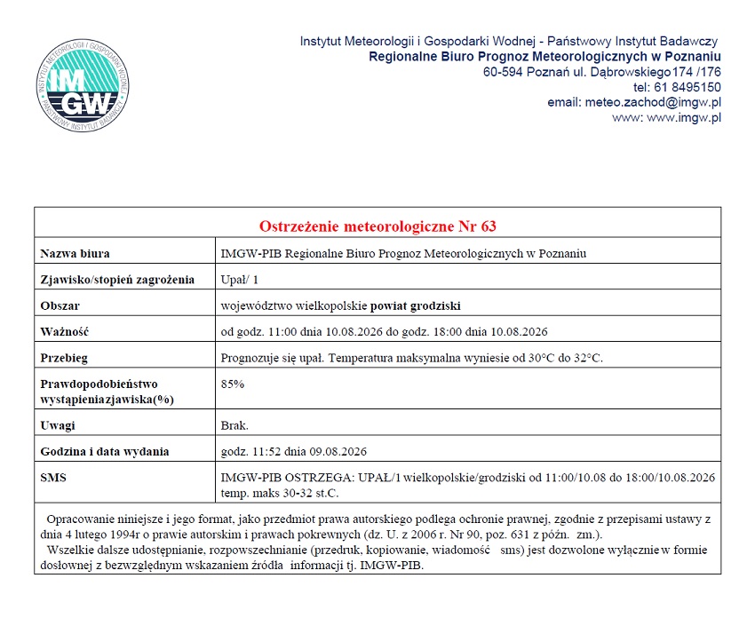 IMGW-PIB OSTRZEGA: UPAŁ/1 wielkopolskie/grodziski od 11:00/10.08 do 18:00/10.08.2026 temp. maks 30-32 st.C.