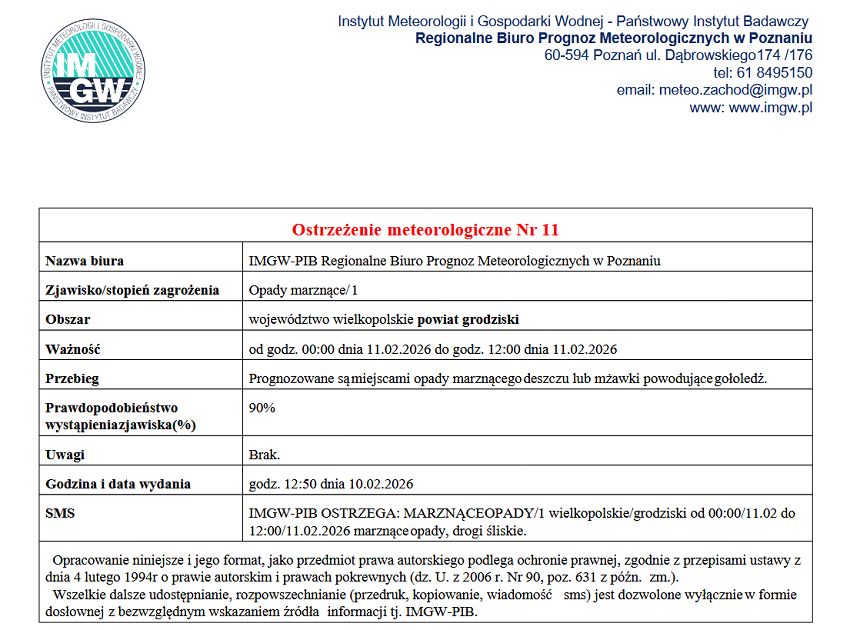 Ostrzeżenie meteorologiczne Nr 11