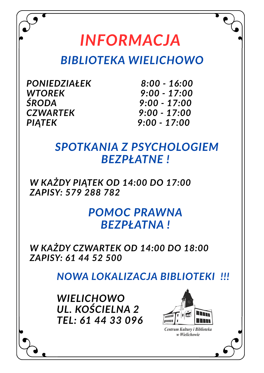Z uwagi na&nbsp;remont Biblioteka Publiczna w&nbsp;Wielichowie zmieniła lokalizację. Od jutra tj. 3 września zapraszamy czytelnik&oacute;w na&nbsp;ulicę Kościelną 2 do budynku po dawnej przychodni zdrowia. &nbsp;W nowej lokalizacji będą się odbywały także bezpłatne spotkania z&nbsp;psychologiem oraz&nbsp;z radcą prawnym. &nbsp;