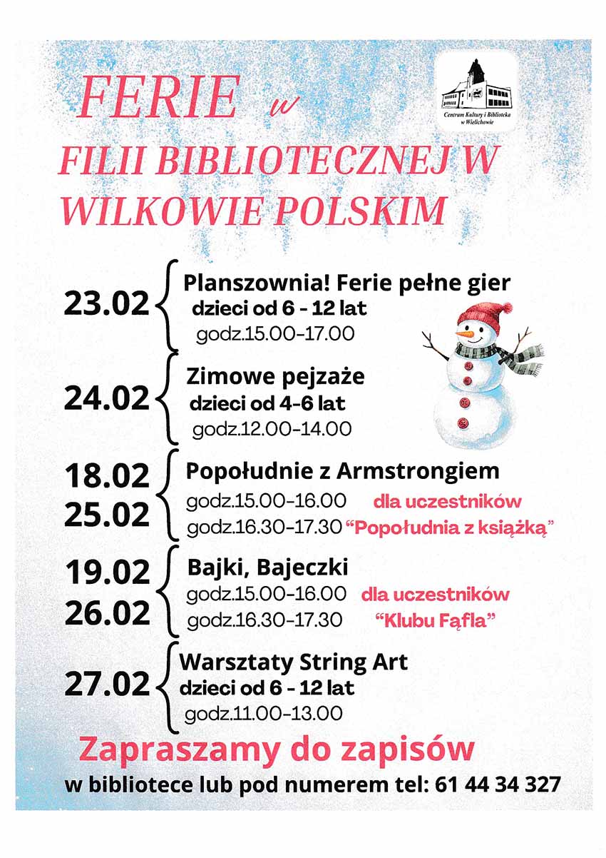 Ferie zimowe w&nbsp;Filii Bibliotecznej w&nbsp;Wilkowie Polskim