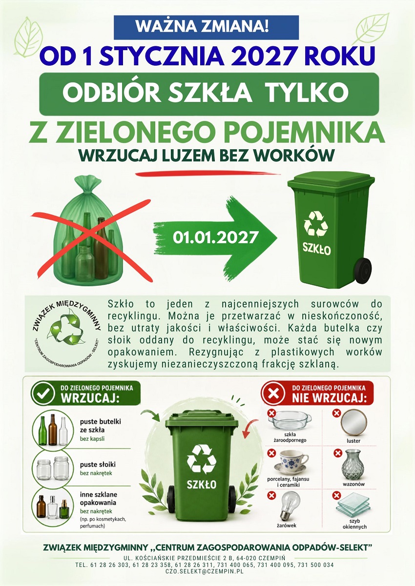 od 1 stycznia 2027 r. odpady szklane będą odbierane wyłącznie z&nbsp;zielonych pojemnik&oacute;w