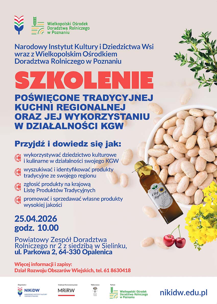 Szkolenie dla k&oacute;ł gospodyń wiejskich "Dziedzictwo kulinarne regionu w&nbsp;praktyce KGW" - 25.04.2026 r. Sielinko